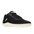 Black breathable mesh sneaker with white textured sole and logo on side and tongue.