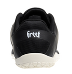 Black athletic sneaker with white "frrst" logo on heel and textured white sole.