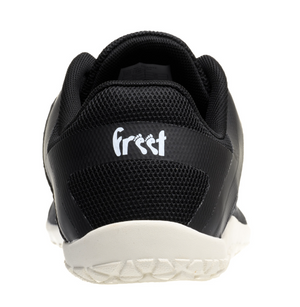 Black athletic sneaker with white "frrst" logo on heel and textured white sole.