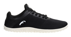 Black low-top sneaker with breathable mesh upper, white textured sole, and minimalist logo on side.