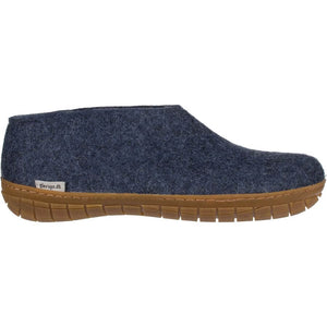 Denim blue felt slip-on shoe with natural rubber honey-colored sole and low ankle cut.