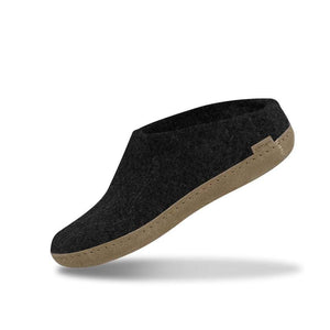 Charcoal slip-on slipper with rounded toe and tan leather sole.