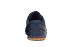 Navy blue athletic shoe with a red logo on a white background