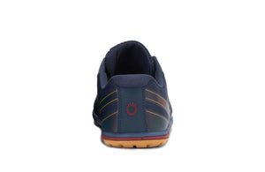 Navy blue athletic shoe with a red logo on a white background