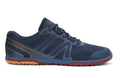 Navy athletic shoe with red accents on a white background