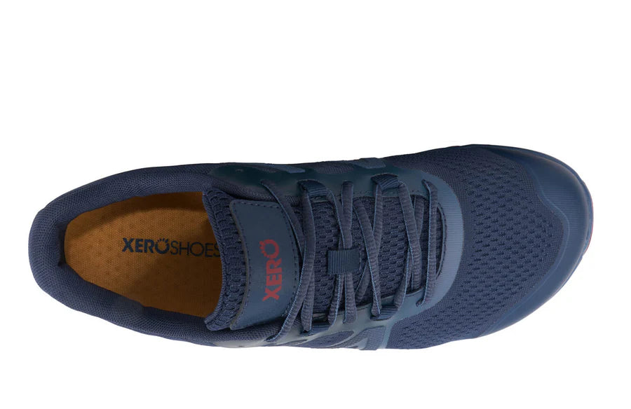 Blue athletic shoe with Xero branding on a white background