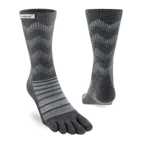 Slate gray midweight crew socks with individual toe design and patterned knit texture.