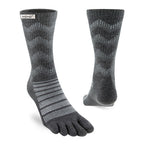 Slate gray midweight crew socks with individual toe design and patterned knit texture.
