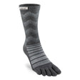 Slate gray midweight crew socks with separate toe compartments and chevron knit pattern.