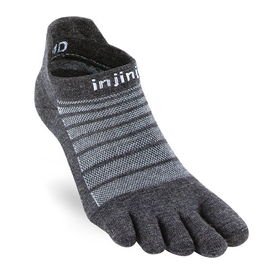 Slate gray lightweight no-show toe socks with striped pattern and Injinji logo on cuff.