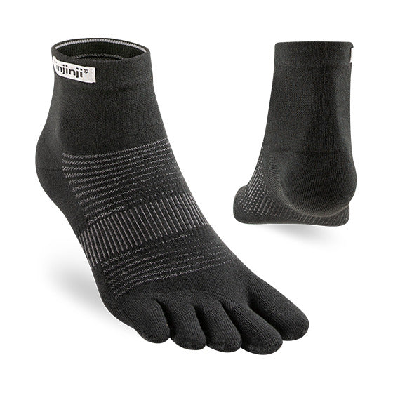 Black five-toe mini crew socks with ribbed arch support and branded cuff label.