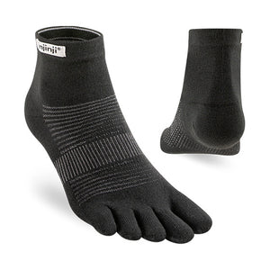 Black five-toe mini crew socks with ribbed arch support and branded cuff label.