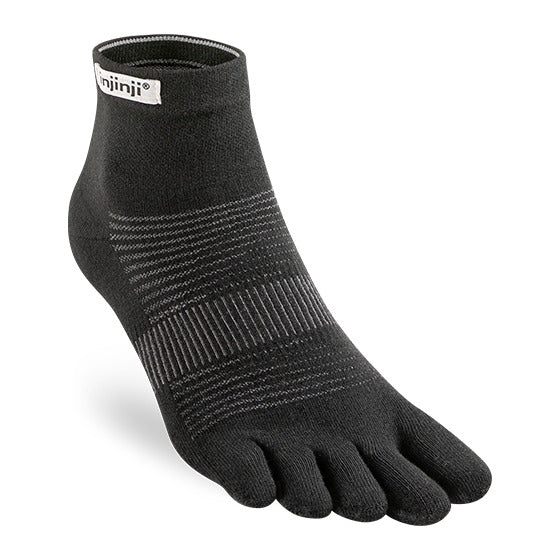 Black toe socks with ribbed arch support and ankle cuff, labeled Injinji at the top.