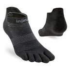 Black no-show toe socks with striped knit pattern and Injinji logo on cuff.