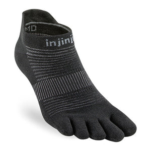 Black no-show toe socks with gray stripes and "injinji" logo on cuff.