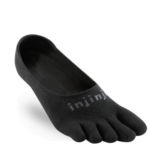 Black lightweight five-toe hidden sock with knit lettering on top.