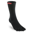 Black crew-length toe socks with red Injinji logo on cuff, ribbed texture.
