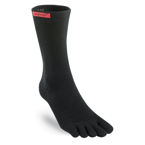 Black crew-length toe socks with red Injinji logo on cuff, ribbed texture.