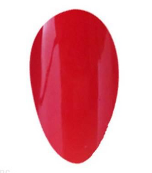 Bright glossy red nail polish swatch with smooth, shiny finish on almond-shaped nail tip.