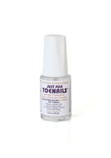Clear antifungal nail polish bottle with white cap and JustForToenails™ label.