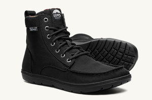 Black nylon Lems Boulder Boot Vegan with lace-up front and rubber sole, casual style.