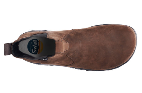 Espresso brown waterproof Chelsea boot with pull tab and elastic side panels, suede upper, top view.