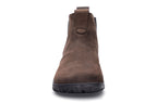 Espresso brown waterproof Chelsea boot with suede upper and black rubber sole.