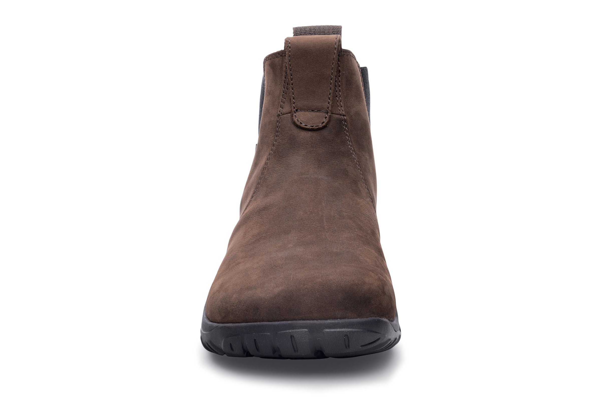 Espresso brown waterproof Chelsea boot with suede upper and black rubber sole.