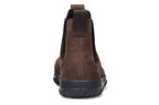 Espresso brown waterproof leather Chelsea boot with black elastic side panels and black rubber sole, rear view.