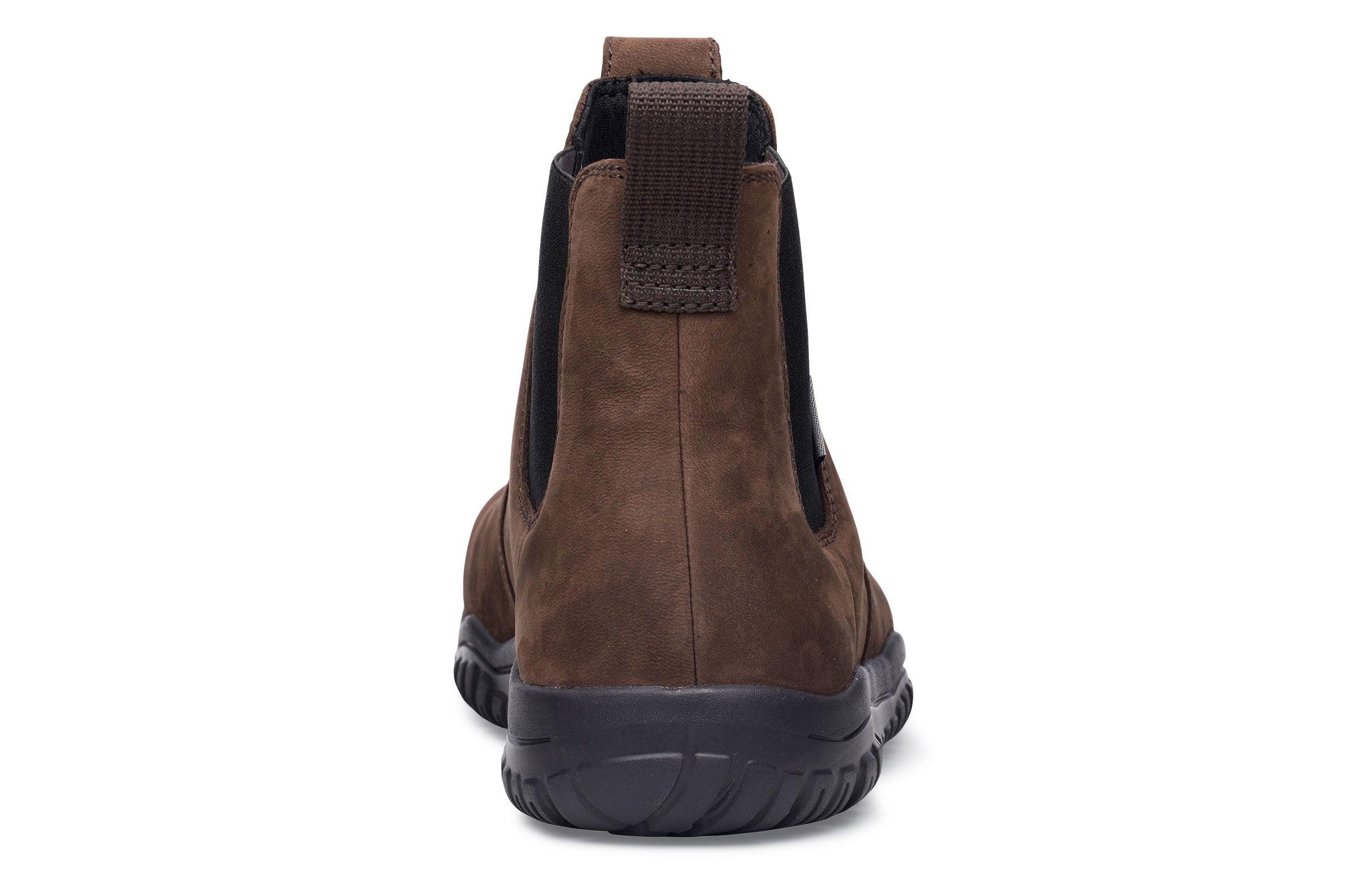 Espresso brown waterproof leather Chelsea boot with black elastic side panels and black rubber sole, rear view.