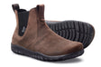 Brown waterproof leather Chelsea boots with black elastic side panels and durable rubber soles.