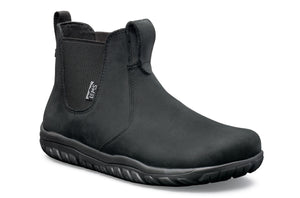 Black waterproof Chelsea boot with elastic side panels and textured rubber sole.