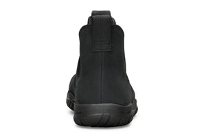 Black waterproof Chelsea boot with smooth matte finish and thick rubber sole, rear pull tab visible.