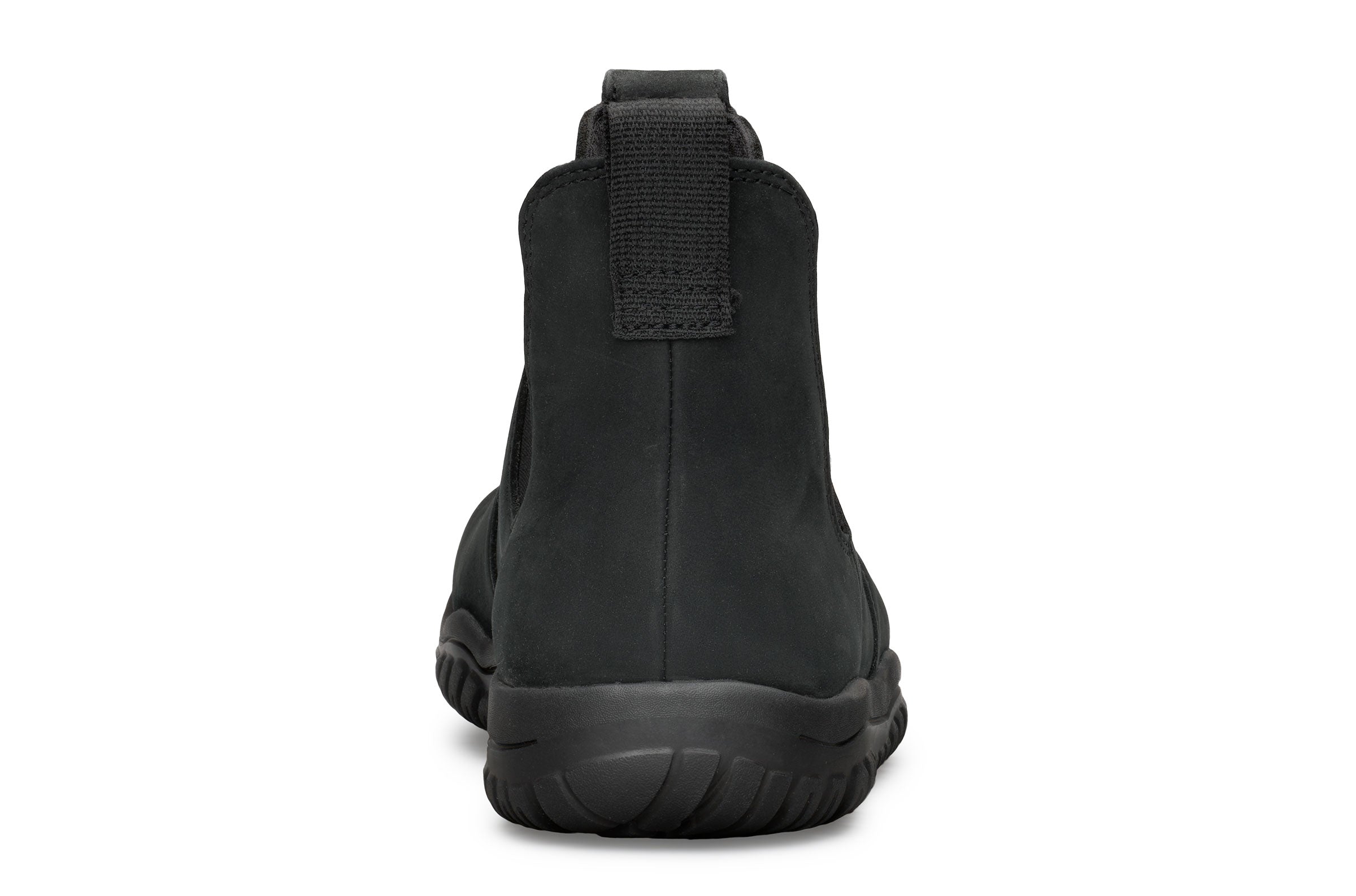 Black waterproof Chelsea boot with smooth matte finish and thick rubber sole, rear pull tab visible.