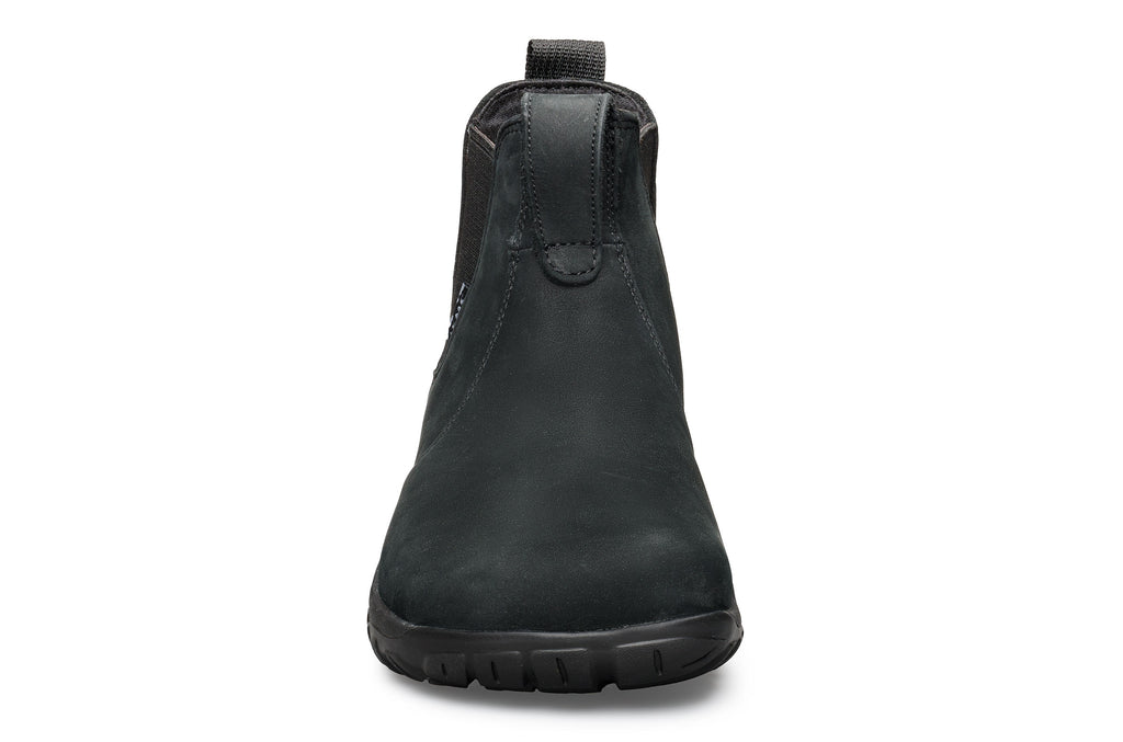 Black waterproof Chelsea boot with matte finish, elastic side panels, and textured rubber sole.