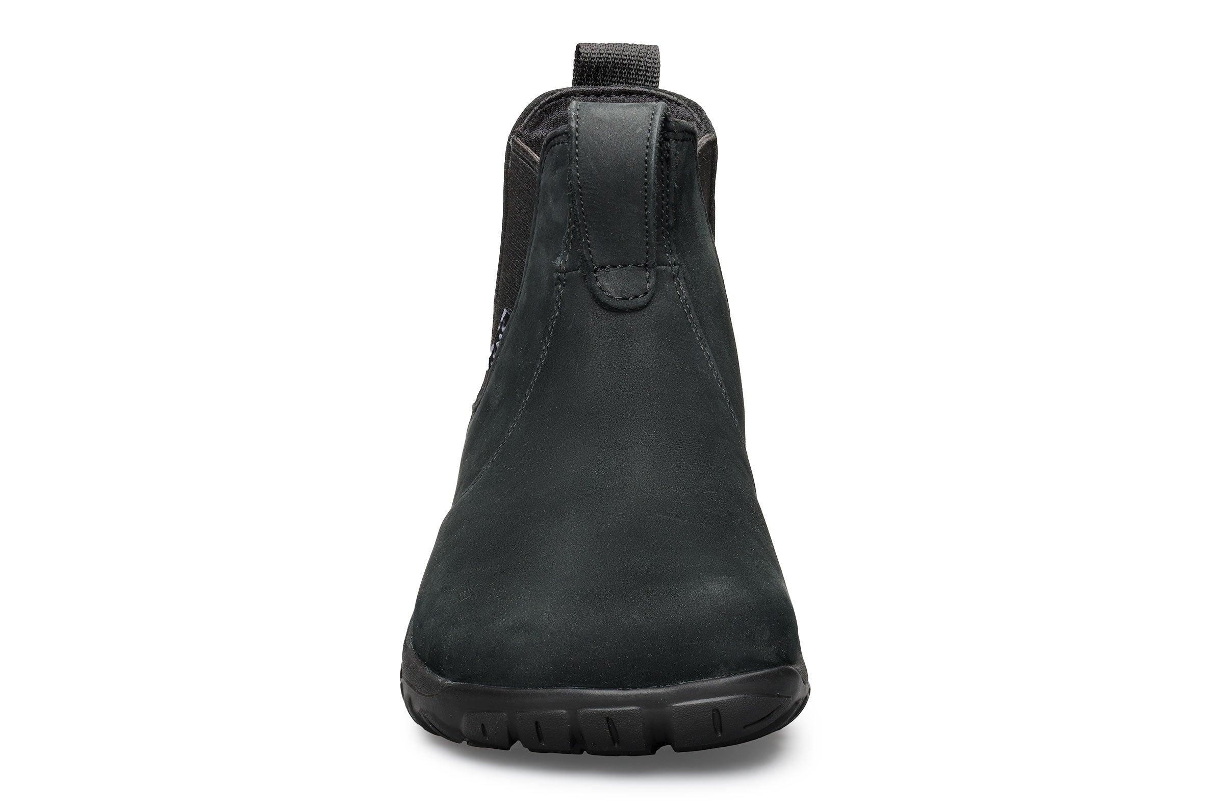 Black waterproof Chelsea boot with matte finish, elastic side panels, and textured rubber sole.