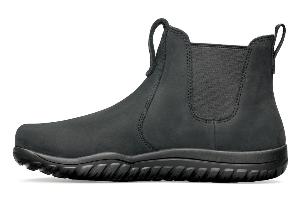 Black waterproof Chelsea boot with elastic side panels and rugged sole.