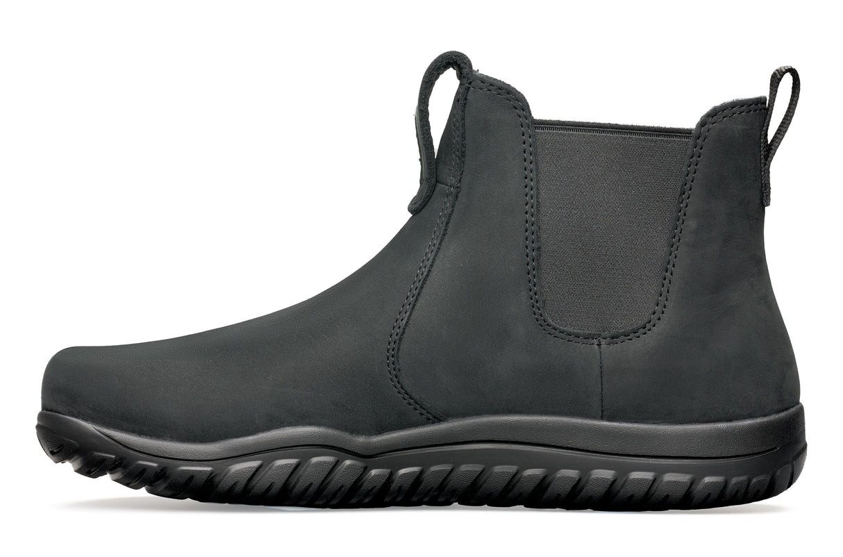 Black waterproof Chelsea boot with elastic side panels and rugged sole.