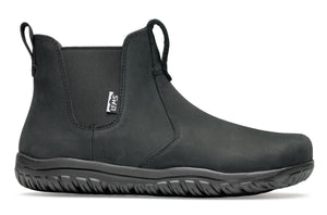 Black waterproof Chelsea boot with elastic side panels and textured rubber sole.