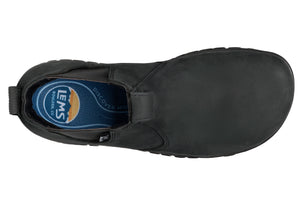 Black waterproof Chelsea boot with rounded toe and elastic side panels, blue cushioned insole visible.