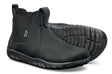 Black waterproof Chelsea boots with elastic side panels and textured rubber soles.