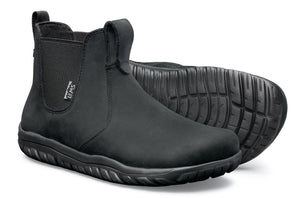 Black waterproof Chelsea boots with elastic side panels and textured rubber soles.