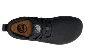 Black canvas Lems Chukka Grip shoe with lace-up front and brown cushioned insole visible from top view.