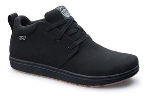 Black canvas casual chukka shoe with black laces and textured brown sole.