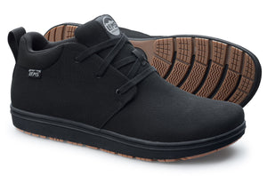 Black canvas Lems Chukka Grip casual shoes with black laces and brown textured rubber soles.