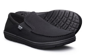 Black slip-on casual shoes with textured rubber sole and fabric upper, branded Lems tag on side.