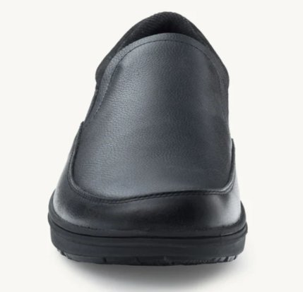 Black slip-on casual shoe with smooth leather upper and rounded toe on black rubber sole.
