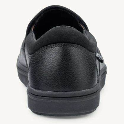 Black leather casual sneaker with padded collar and grip sole viewed from the back.