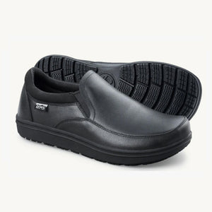 Black slip-on casual shoe with smooth synthetic upper and flexible textured sole.