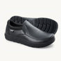 Black slip-on casual shoe with smooth synthetic upper and flexible textured sole.